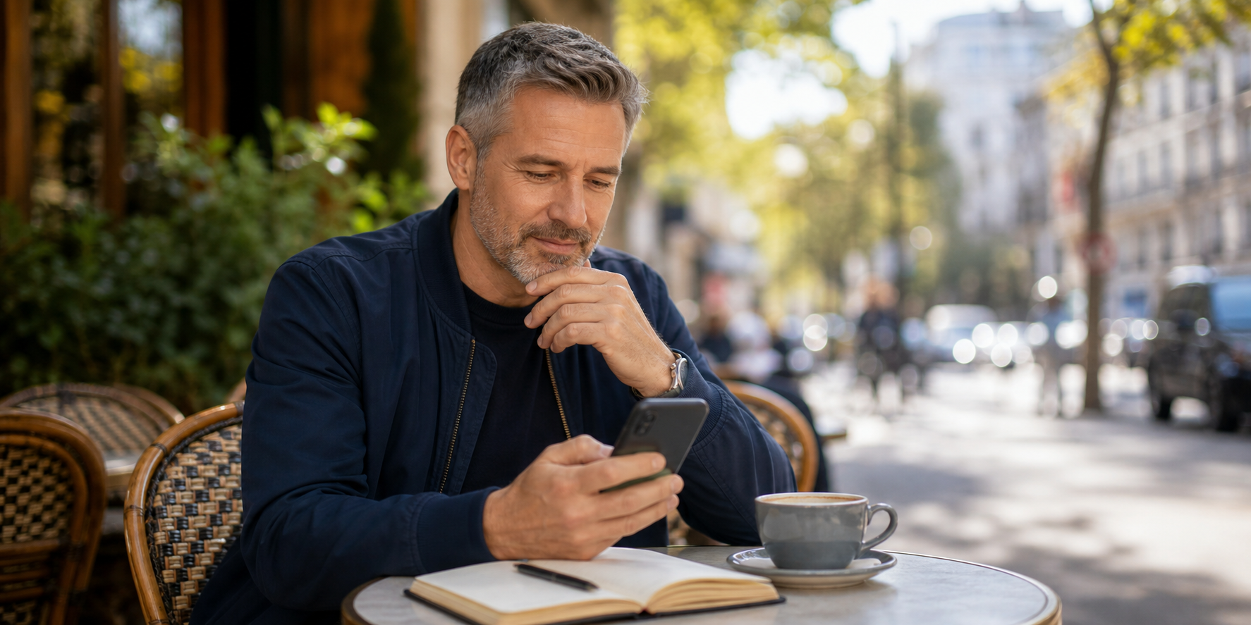 Mature adult researching local dating options on a phone at an outdoor cafe