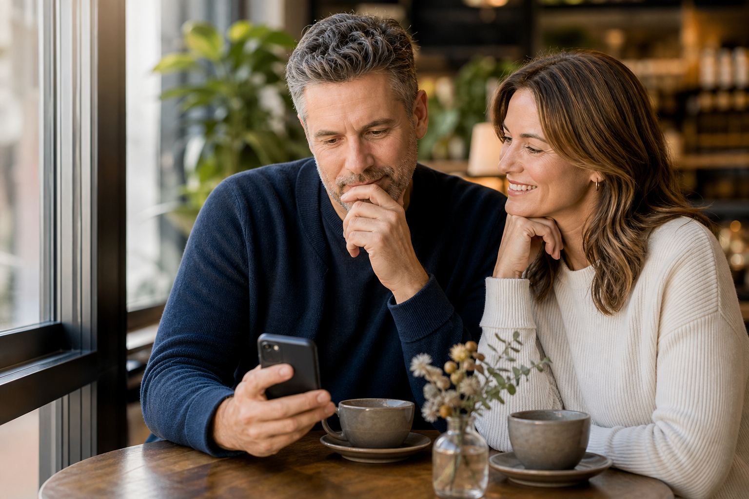 Mature adults reviewing dating registration details together on a phone