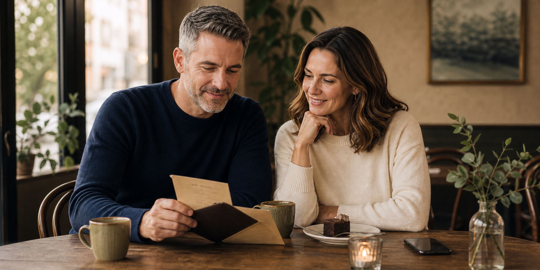 Original realistic editorial image of mature adults discussing a casual date budget in a warm cafe