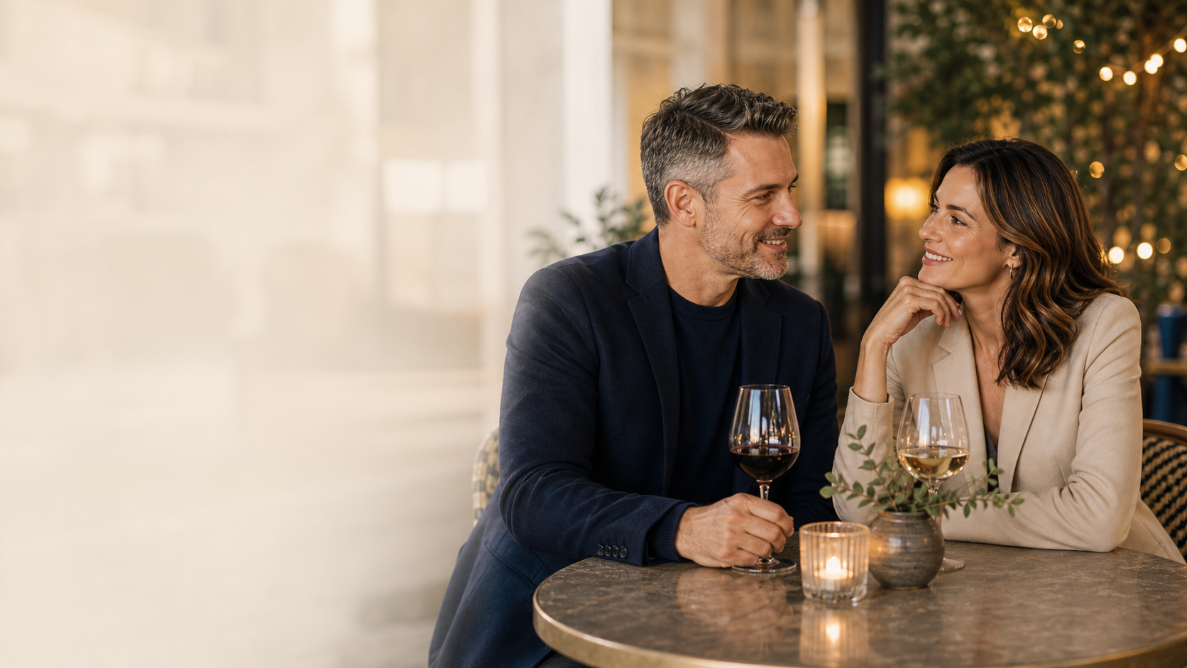 Original realistic image of mature adults enjoying a relaxed cafe date